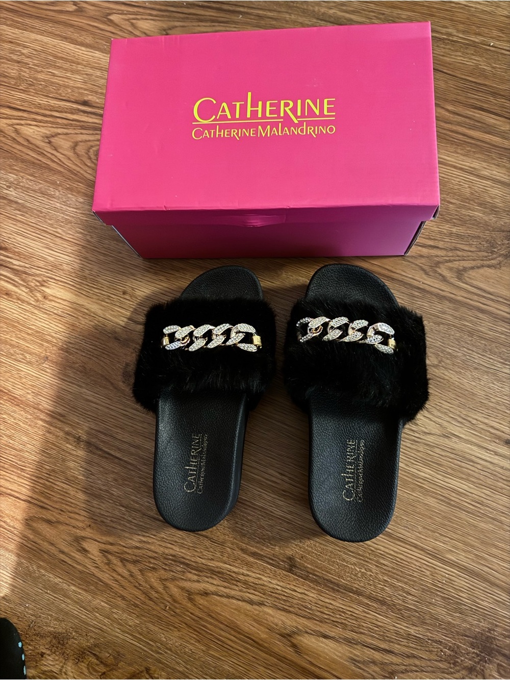 Catherine Malandrino Black Faux Fur Slide Sandals with Gold Chain Accent